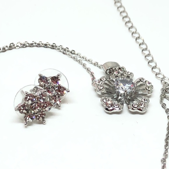 Silver Flower Earrings/Necklace CZ Set - Picture 7 of 11